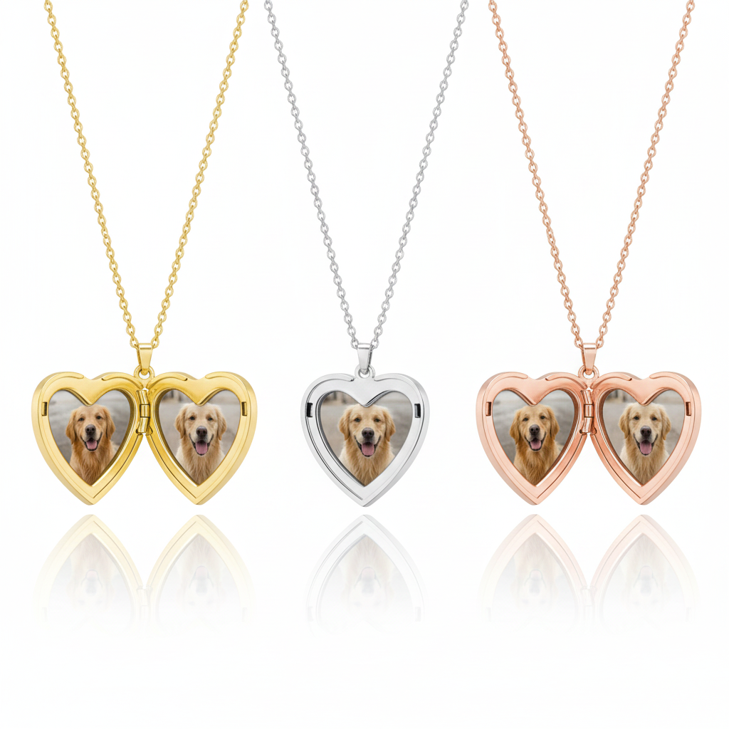 Custom Heart Photo Locket Necklace – Personalized Pet Memorial Pendant with Photo and Engraving Options