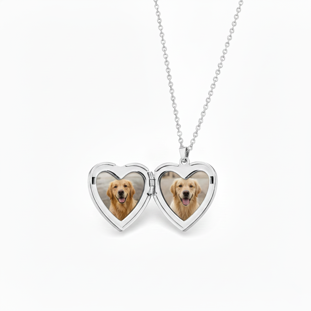 Custom Heart Photo Locket Necklace – Personalized Pet Memorial Pendant with Photo and Engraving Options