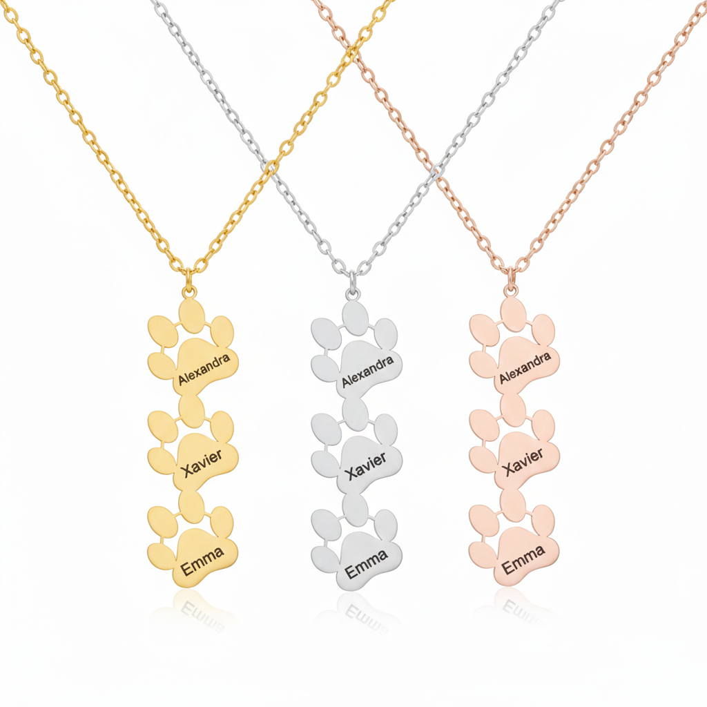 Multi-Pet Paw Name Necklace – Custom Paw Print Pendant with 1–3 Engraved Pet Names