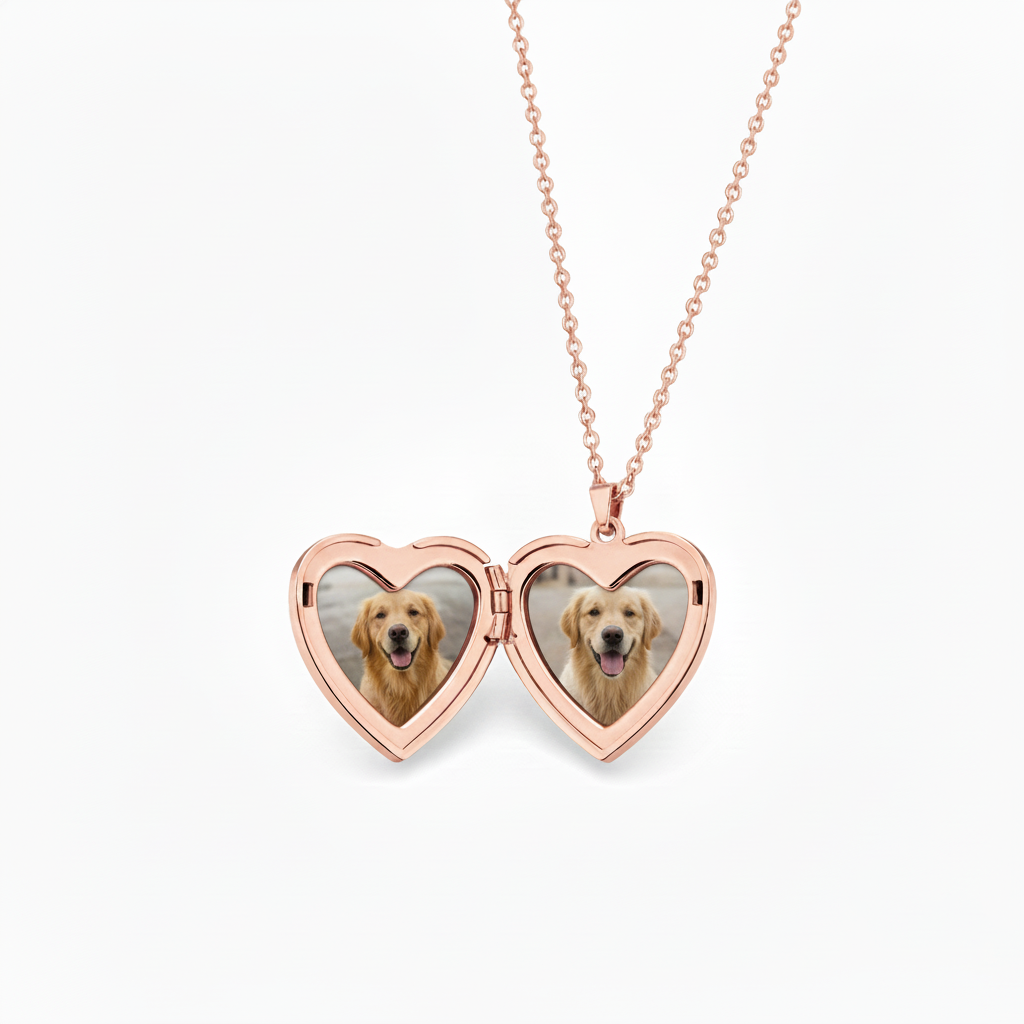 Custom Heart Photo Locket Necklace – Personalized Pet Memorial Pendant with Photo and Engraving Options