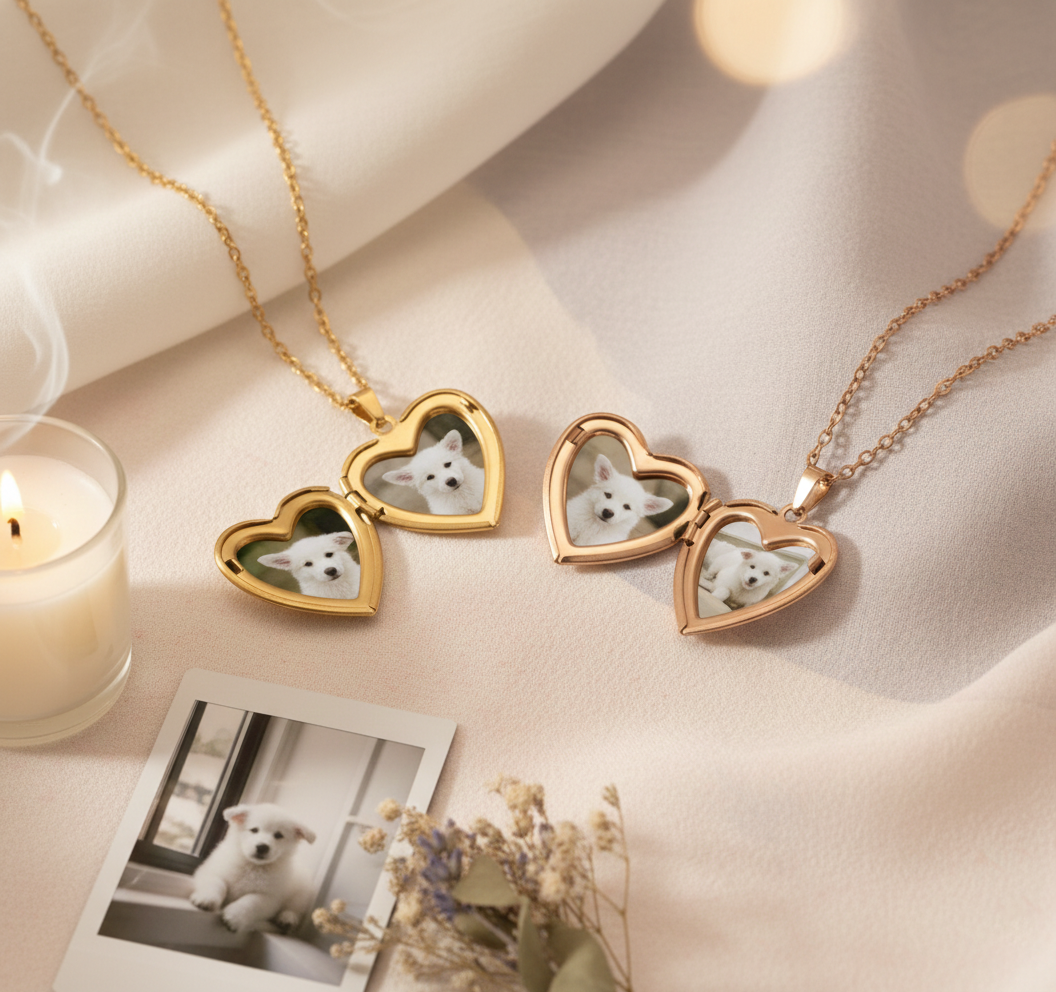 Custom Heart Photo Locket Necklace – Personalized Pet Memorial Pendant with Photo and Engraving Options