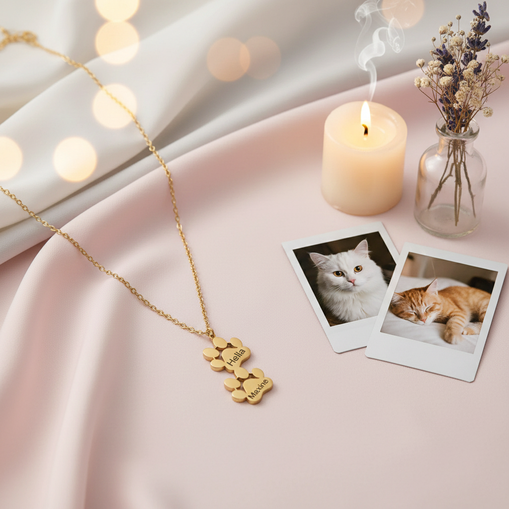 Multi-Pet Paw Name Necklace – Custom Paw Print Pendant with 1–3 Engraved Pet Names